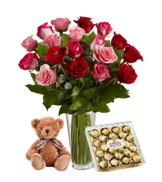 12 Red & White Roses Bouquet,Ferrero Rocher Box with Bear to philippines