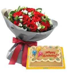 12 Red Roses Bouquet with Mocha Chiffon Birthday Cake