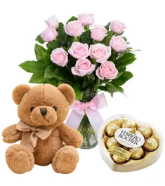 12 Red Roses Bouquet,Ferrero Chocolate Box with Bear Send to Philippines