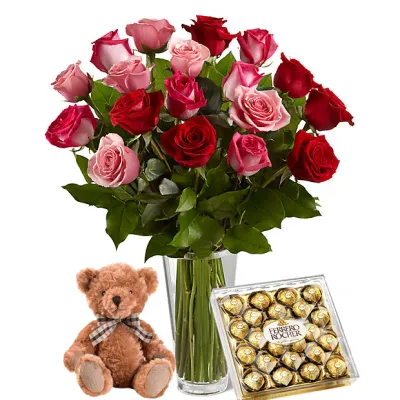 12 Red & White Roses Bouquet,Ferrero Rocher Box with Bear to philippines